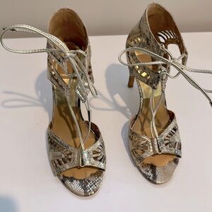 Dolce Vita gold/gray snake skin wrap heels.